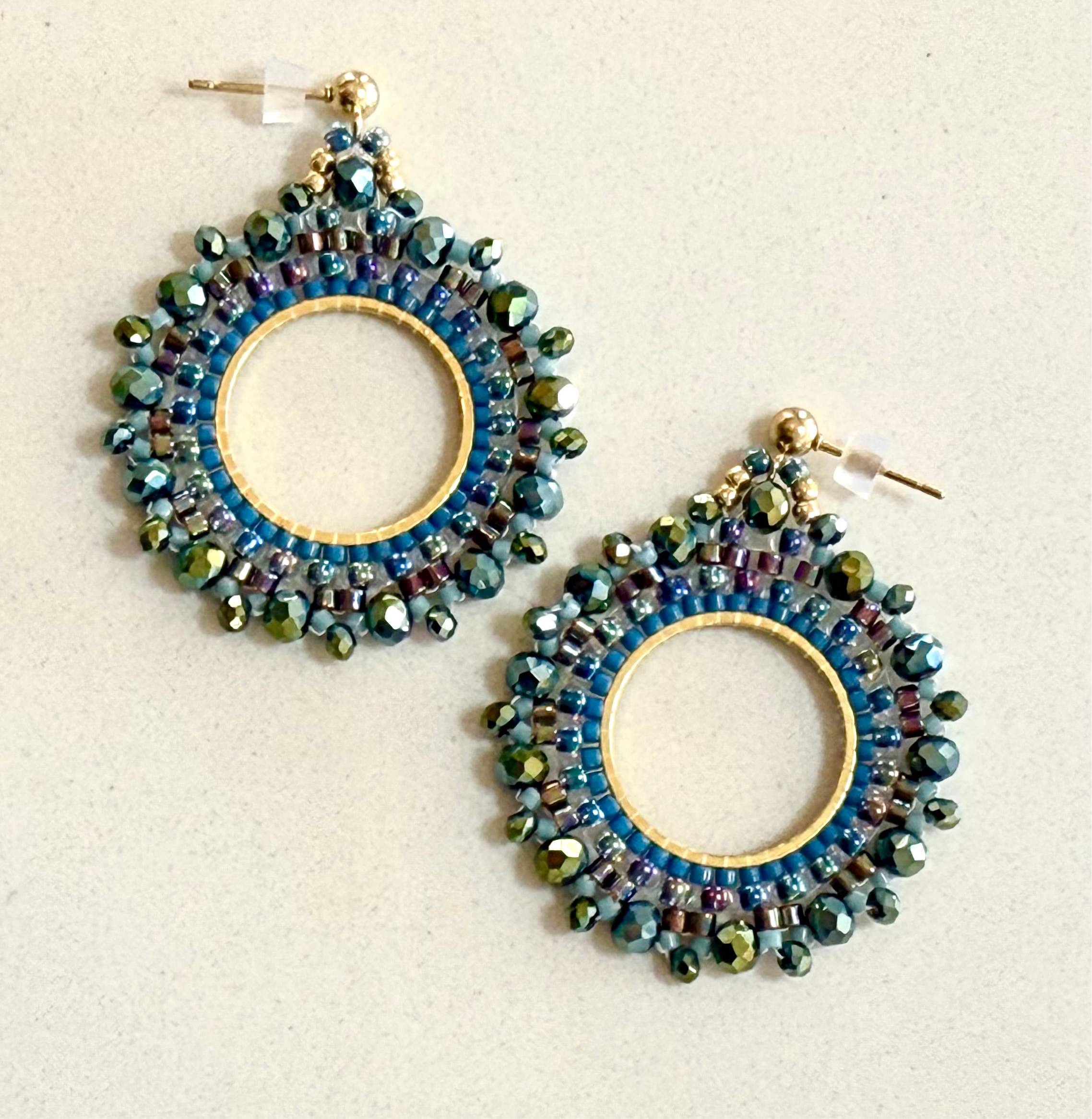 Iridescent Peacock Beaded Hoops